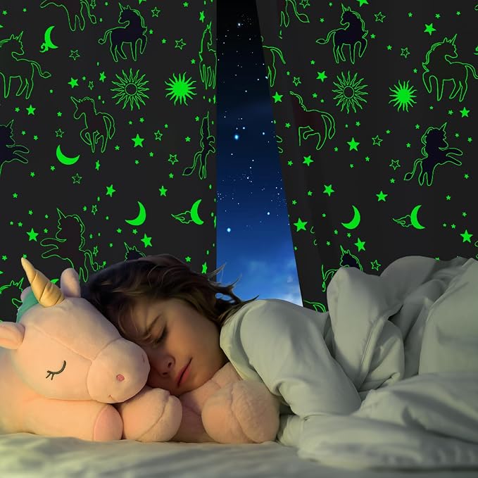Unicorn Curtains for Girls Bedroom Decor, Glow in The Dark Pastel Princess Pink and Purple Colorful Star Room for Teen or Toddler Babys Kids Kawaii Rainbow Window Cute Classroom 2 Panels