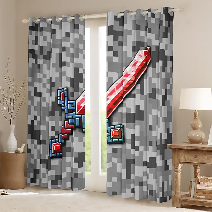 Castle Fairy Red Blue Sword Window Curtain,Geometric Grey Grid Privacy Blackout Curtain for Window Miner Theme Shade Windows Covering for Bedroom Pixel Video Games Drapes 2 Panels,42Wx84L