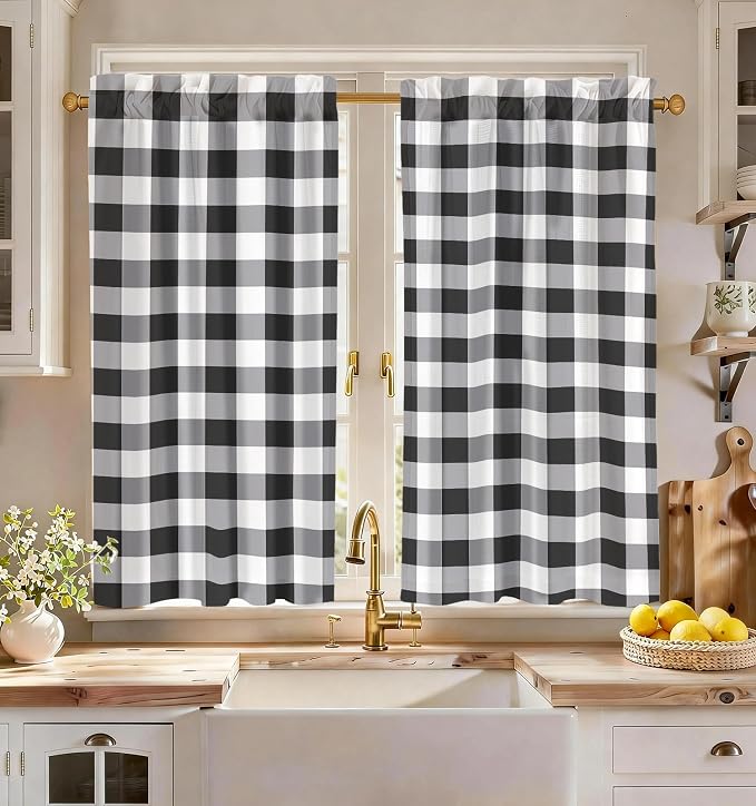 Miss Adola Farmhouse Kitchen Tier Curtains - 45 Inch Length Linen Blend Cafe Curtains Plaid Checkered Small Window Treatments Over Sink Rod Pocket for Bathroom Living Room Light Filtering, 2 Panels