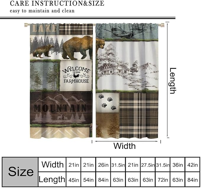 Bear Hunting Blackout Curtains Vintage Country Farmhouse Mountains Lake Forest Lattice Hunting Lodge Bear Deer Wildlife Windows Treatments Rod Pocket for Kitchen Living Room Bedroom 42x63in
