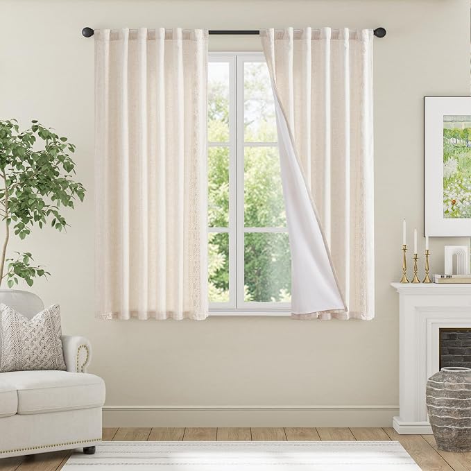 jinchan Weslie Boho Lined Linen Curtains for Bedroom Ivory Vintage Floral Farmhouse Curtains 63 Inch Length Linen Drapes for Living Room Embroidered Drapes Rod Pocket Ivory on Beige 2 Panels