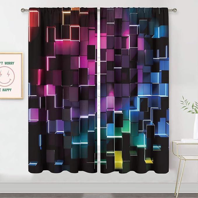 MESHELLY Colorful Curtains 42Wx63H Inch Rod Pocket Abstract 3D Geometric Cubes Gradient Design Geometry Plaid Modern Bedroom Window Drapes Men Boys Gaming Cool Printed Living Room Window Treatment
