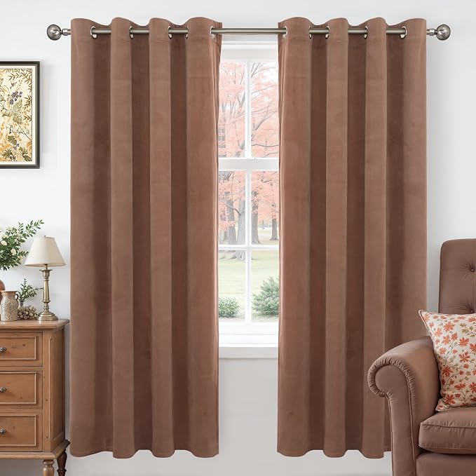 YoungsTex 72 Inch Length Mocha Brown Velvet Curtains for Living Room, Thermal Insulated Window Drapes with Grommet Room Darkeing Privacy for Bedroom, 2 Panels, 52 X 72 Inch
