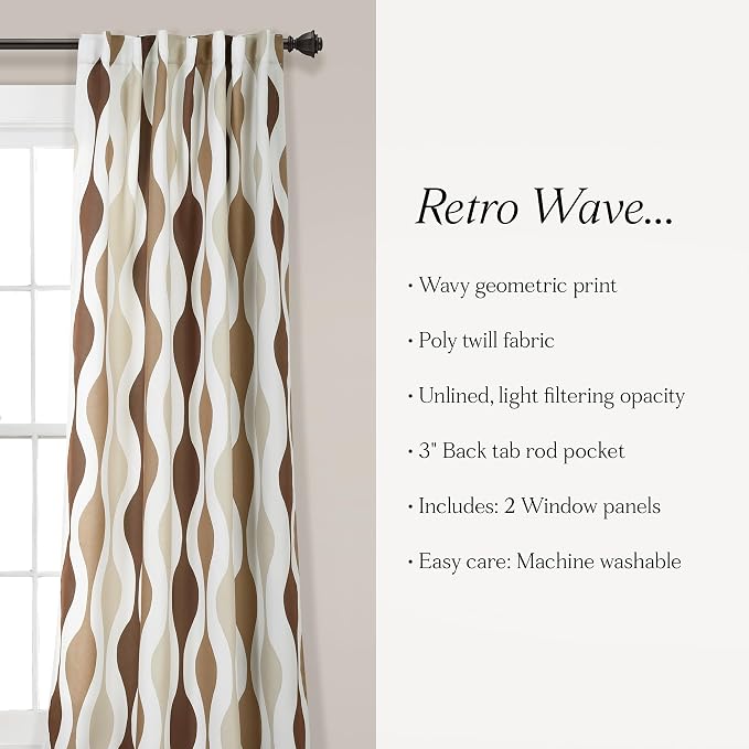 Lush Decor Mid Century Geo Room Darkening Window Curtain Panels Pair 52" W x 84" L Neutral - Retro Curtains for Living Room - Vintage Drapes