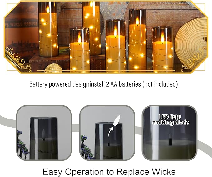 Eebuss Flameless Candles with Embedded Star String, Battery Operated LED Pillar Candles with Timer and Remote Control,Home Decorating for Ambiance， Set of 7(Grey)