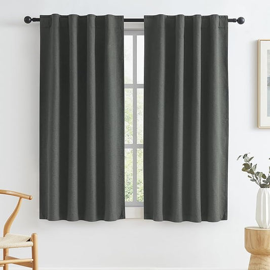 KEQIAOSUOCAI Blackout Linen Curtains for Small Windows, Full Shade Narrow Noise Reduction Privacy Drapes for Bathroom Back Tab Rod Loop Pocket Hook Belt (Dark Grey, W34 x L45, 2 PCs)