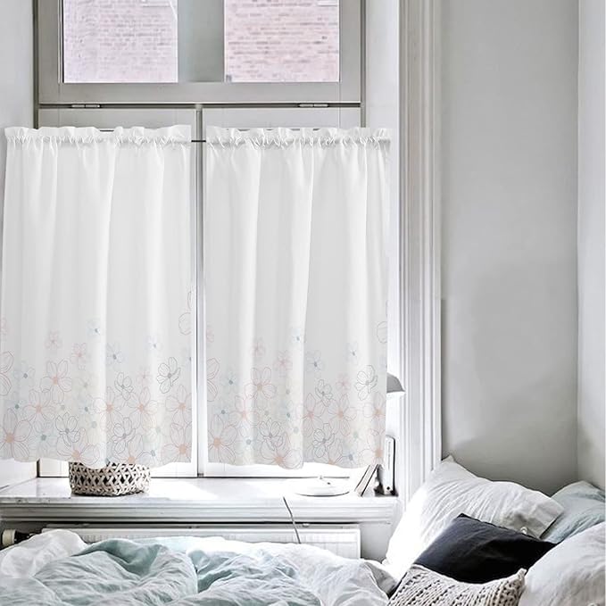 Kitchen Tier Curtains 45 inches Length, Line Cherry Blossom Design Simple Flower Window Curtains for Living Room Bath Cafe,Rod Pocket Light Filtering Drapes Short Half Window Treatment Tiers 2 Panels