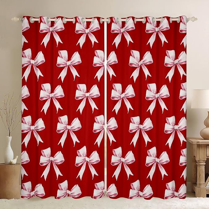 Erosebridal Pink Bow Kids Curtain Watercolor Lovely Girls Bows Window Curtain 52" Wx84 L Cute Bowknot Window Treatments Kawaii Bow Tie Red 30%-50% Blackout Curtains for Bedroom
