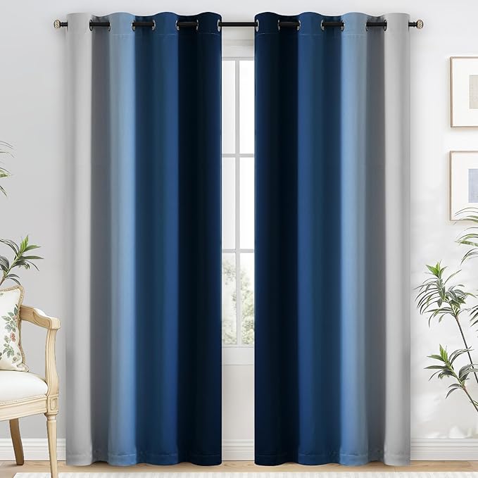 Yakamok 100% Blackout Curtains Ombre Blue Curtains for Bedroom 63 Inch | 2 Layers,Room Darkening Grommet Gradient Drapes,Light Blocking Thermal Insulated Window Curtains for Living Room 52W x 63 L