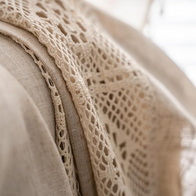 OYX Boho Curtains 63 Inch Crochet Lace Patchwork Light Filtering Bohemian Handmade Tassels, Rod Pocket Window Treatment Vintage Rustic Farmhouse Curtain for Kitchen Bathroom, 2 Panel, Beige