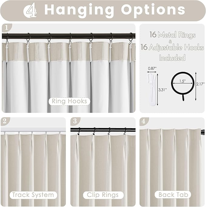 Blackout Curtains 54 Inch Long for Living Room Bedroom, Linen Drapes Ivory Pinch Pleat Room Darkening Thermal Insulated Noise Reducing Black Out Curtain 2 Panels Set with Back Tab