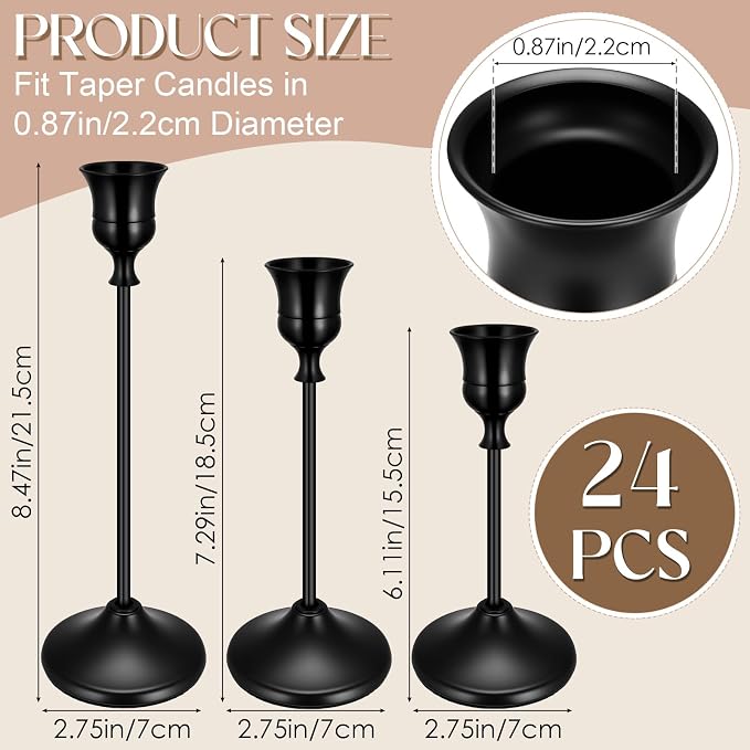 24PCS Brass Black Taper Candle Holders Set, Vintage Metal Candlestick Holders for Table Centerpiece, Wedding Reception, Festive Christmas Mantel Decoration Black