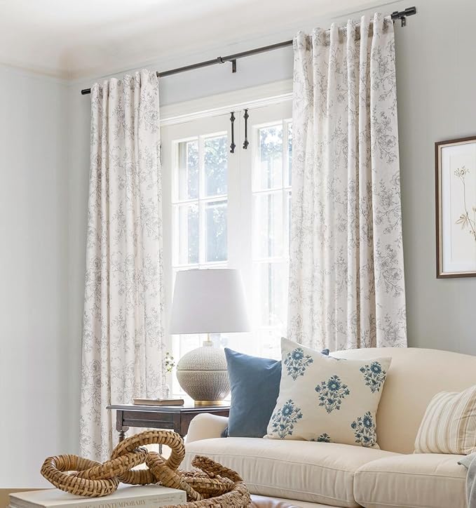 Vintage Floral Curtains 90 inch Length 2 Panels Set for Living Room Grey and Cream Printed Curtains Back Tab Neutral Farmhouse Bedroom Curtains Cottage Style Pretty Flower Patterned Linen Drapes