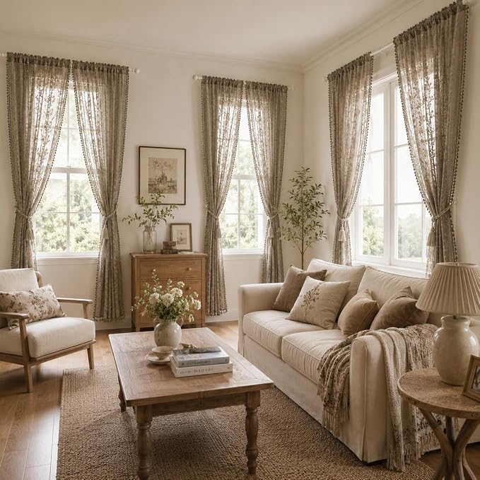 WAZZIO Boho Lace Curtains 2 Panels 84 Inch -Victorian Sheer Panel Drape French Country Floral Pattern & Tassel Light Filtering Privacy for Bedroom Dining Living Room,Coastal Decor,Taupe,W52x L84