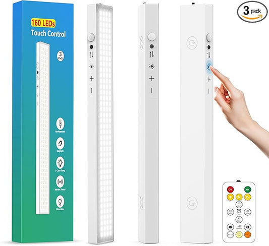 12inch 3Pack Touch Control Under Cabinet Lighting, 160LED Super Bright, 4000mAh Long-Lasting, Magnetic Rechargeable Motion Sensor Under Counter Lights for Kitchen, Closet, Remote, Dimmable, 3CC丨White