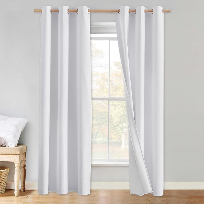 NICETOWN 100% Absolutely Blackout Linen Curtains with Thermal Insulated White Liner, White, 34 inches Wide, 90 inches Length Energy Saving Curtains for Living Room 2 Panels Set, Vertical Blinds