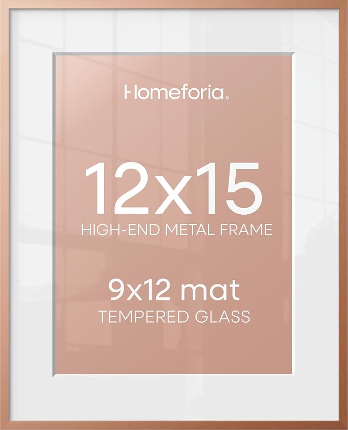 Homeforia 12x15 Rose Gold Picture Frame, High End Metal 12x15 Poster Frames with Mat 9x12 Photo, 12 x 15 Rose Gold Frames Matted to 9 by 12 Print, 15x12 Thin Frames, Tempered Glass, Wall Kit, Set of 1