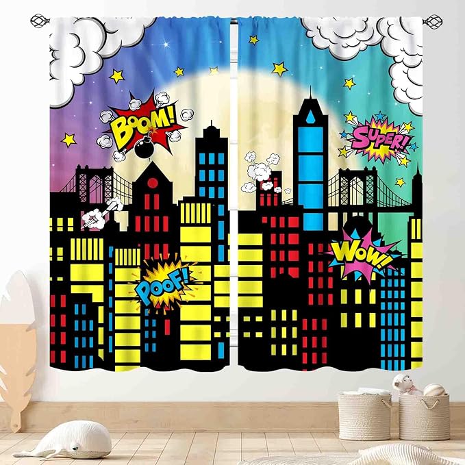 Super City Hero Curtain, Comic Style Cityscape Skyline Buildings Cartoon Window Curtains for Boys Kids Teens Baby Room Bedroom Living Nursery 2 Panel Sets, 84"x84" Inch
