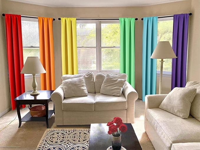 THOOO 6 Panel Blackout Rainbow Curtains for Bedroom & Living Room - 54 Inch Length, Room Darkening, Rod Pocket, Colorful Drapes in Red, Orange, Yellow, Green, Blue, Purple