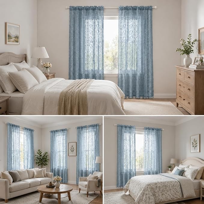 WAZZIO Boho Lace Curtains 2 Panels 63 Inch -Victorian Sheer Panel Drape French Country Floral Pattern & Tassel Light Filtering Privacy for Bedroom Dining Living Room,Coastal Decor,Dusty Blue,W52x L63