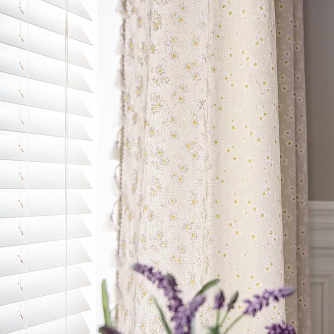 OYX Boho Daisy Curtains 96 Inch,Linen Textured Farmhouse Floral Drapes with Tassels, Light Filtering Semi Sheer Curtains for Living Room Bedroom,2 Panels,52" W Each