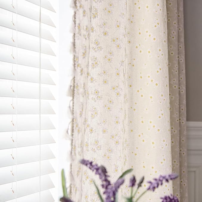 OYX Boho Floral Curtains 63 Inch, Farmhouse Country Flower Drapes with Tassels, Light Filtering Semi Sheer Curtains for Living Room Bedroom Laundry, 2 Panels, 52" W Each