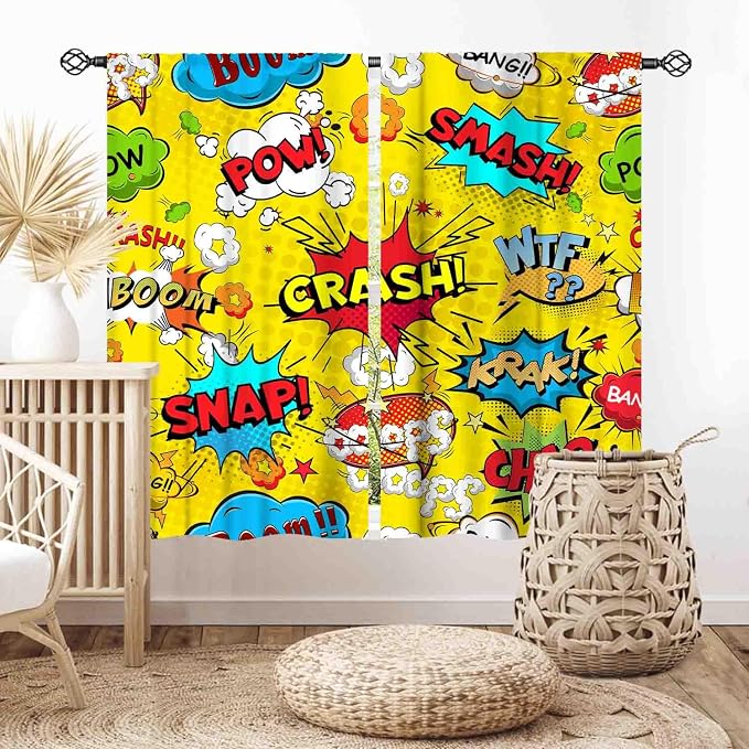 Super Hero Curtains for Boys Room, Retro Comic Pattern Colorful Superhero Cool Yellow Blackout Window Drapes Treatments for Kids Teens Baby Nusery Bedroom Living Room Decor 2 Panel Sets, 42"x45" Inch