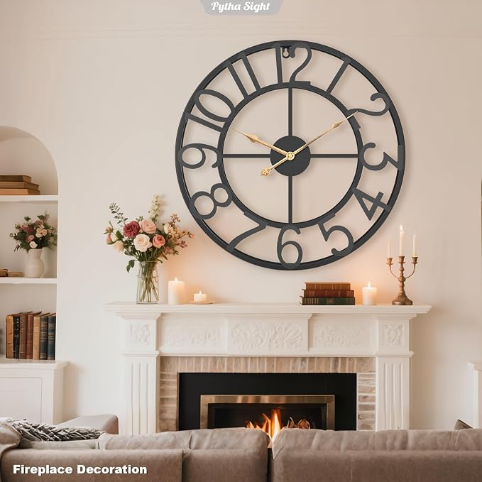 Pytha Sight 30 Inch Extra Large Giant Wall Clock,Oversized Round Silent Vintage Industrial Black Metal Farmhouse Big Arabic Numeral Wall Clocks for Living Room,Kitchen,Bedroom Home Decor
