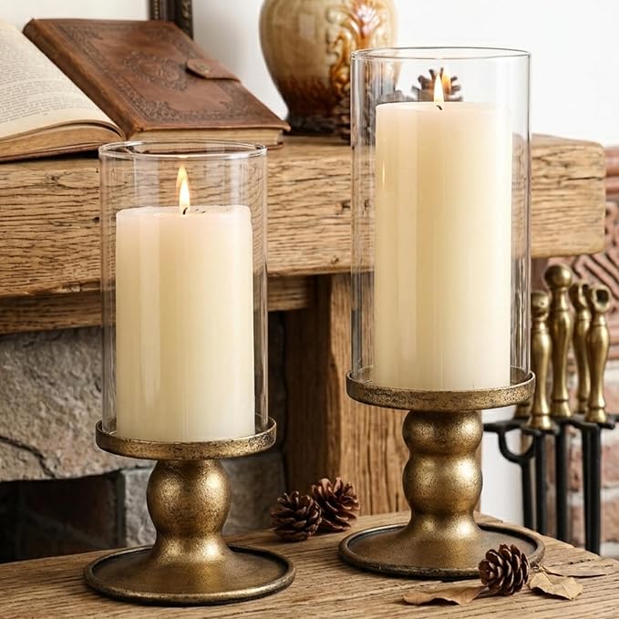 NITIME 2pcs Hurricane Candle Holder for Pillar Candles, Antique Brass Iron Candle Holders with Clear Glass Sleeve for Table Centerpieces, Pillar Candle Holders for Home, Wedding Decor