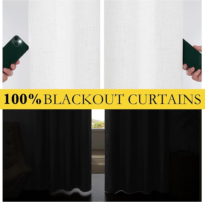 NICETOWN 100% Absolutely Blackout Linen Curtains with Thermal Insulated Liner, Greyish White, 52" Wide, 102" Length Energy Saving Curtains for Living Room 2 Panels Set, Vertical Blinds