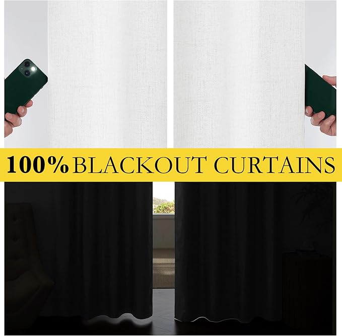 NICETOWN 100% Absolutely Blackout Linen Curtains with Thermal Insulated Liner, Greyish White, 42" Wide, 72" Length Energy Saving Curtains for Classroom 2 Panels Set, Vertical Blinds