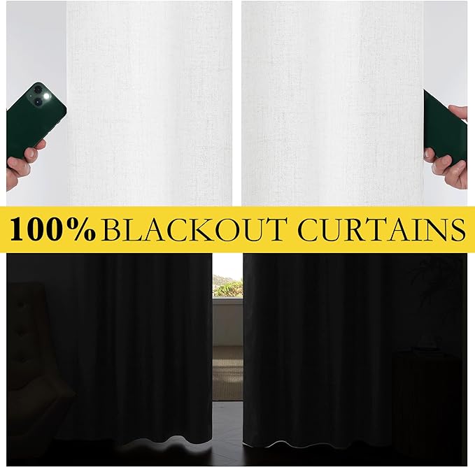NICETOWN 100% Absolutely Blackout Linen Curtains with Thermal Insulated Liner, Greyish White, 52" Wide, 48" Length Energy Saving Curtains for Living Room 2 Panels Set, Vertical Blinds
