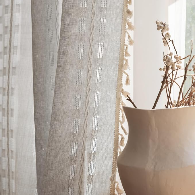 Deeprove Silver Grey Boho Curtain 63 inches Length for Living Room Bedroom Nursery, Retro Casual Bohemian Sheer 63 inches Long Stripe Embroidery Privacy Window Tassel Decor W52 x L63, 1 Panel