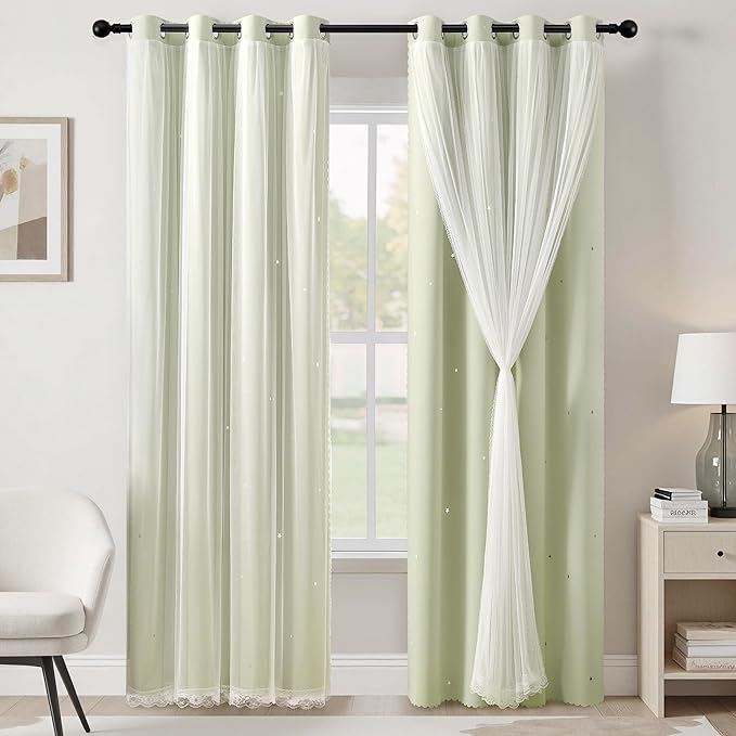XiDi Sage Green Blackout Curtains for Kids Bedroom 96 Inches Long 2 Panels Thermal Insulated Energy Saving Living Room Window Treatment Curtains Star Blackout Drapes Nursery Kids, W52xL96 Inch, Sage