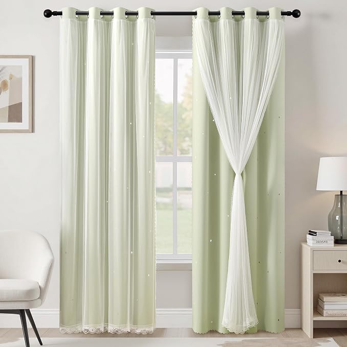 XiDi Sage Green Blackout Curtains for Kids Bedroom 72 Inch Length 2 Panels Double Layer Curtains with Sheer Overlay Privacy Thermal Insulated Grommet Window Star Curtains for Living Room W52 x L72