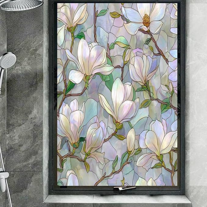 Vintage Magnolia Flower Privacy Window Film, Elegant White Floral Frosted Self-Adhesive Vinyl Cling for Glass Doors Bathroom Windows Sun Blocking Heat Control, 35.4Wx55.1L inch