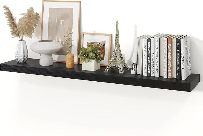 Floating Shelves for Wall, 9.3" Deep Wall Mounted Wood Shelves for Bathroom, Bedroom (Black, 48)