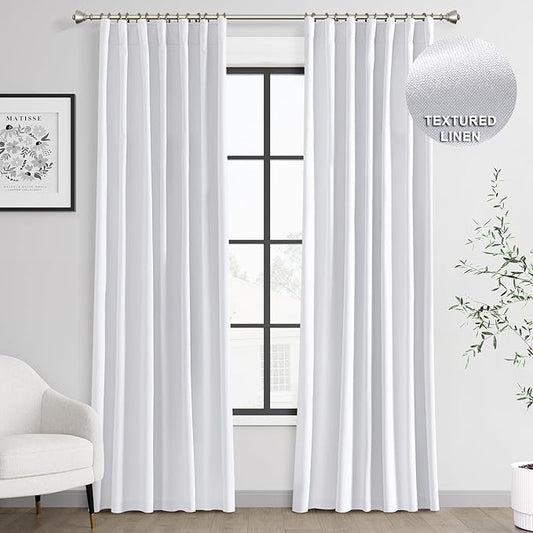 Joywell 100% Blackout Linen Curtains 84 Inch Long for Bedroom Black Out Curtain Room Darkening Drapes for Living Room Office Window Back Tab Hook Belt Rod Pocket 2 Panels,52 x 84,White