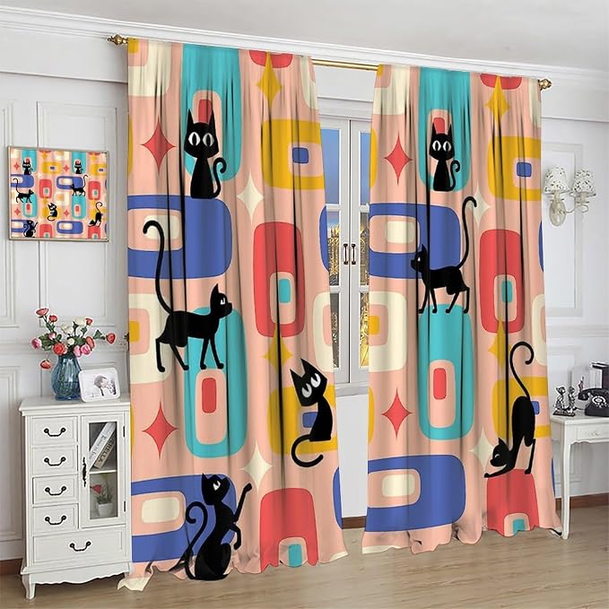 JESTRONRY Mid Century Style Curtains, Black Cat Modern Abstract Geometric 1950s 60s Vintage Colorful Blackout Rod Pocket Window Drapes for Living Room Bedroom Home Decor 63x72in