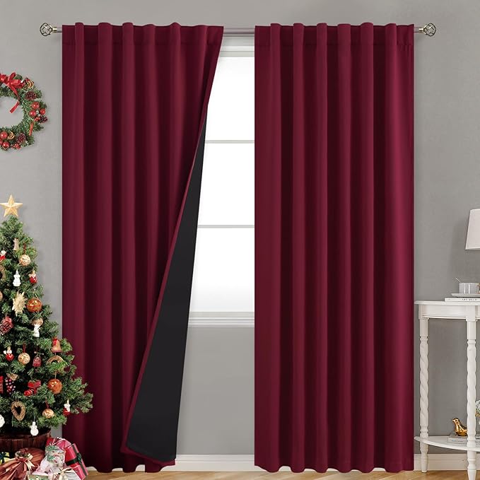 BGment Full Blackout Curtains with Thermal Insulation Liner Curtains 95 Inches Long, Rod Pocket and Back Tab Double Layer Room Darkening Window Curtain for Bedroom(52 x 95 Inch, 2 Panels, Burgundy)