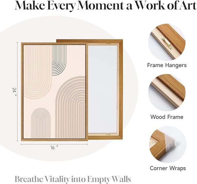 3 Piece Framed Neutral Boho Wall Art for Living Room, Large Minimalist Abstract Canvas Artwork for Walls, Mid Century Modern Beige Geometric Prints Paintings for Bedroom Hallway Wall Decor 16x24 Inch