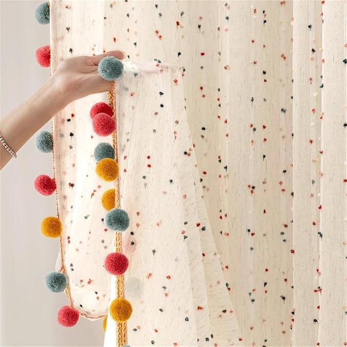 Boho Rainbow Sheer Curtain with Colorful Pom Pom Voile Drapes Faux Linen | Light Filtering Stripe Pompom Rod Pocket Window Drapes for playroom Bedroom/living room 2panels (W52 X L84 Inch-2PCS,White)