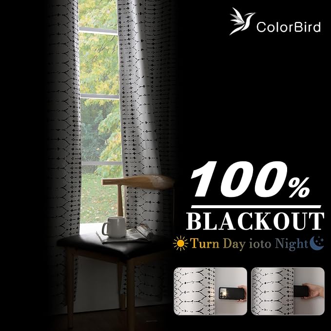 ColorBird 100% Blackout Heat Blocking Boho Curtains for Bedroom Black and White Sun Blocking Thermal 63 Inch Curtains & Panels for Living Room Striped Western Geometric Room Decor Window Treatment