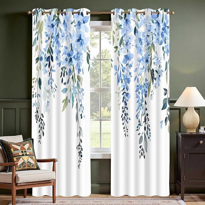 Blue Watercolor Floral Curtains, Botanical Leaves Vine Flowers Curtain, Rustic Farmhouse Flower Leaf Blackout Window Treatment Drapes for Bedroom Living Room 42x90 inch, 2 Panels