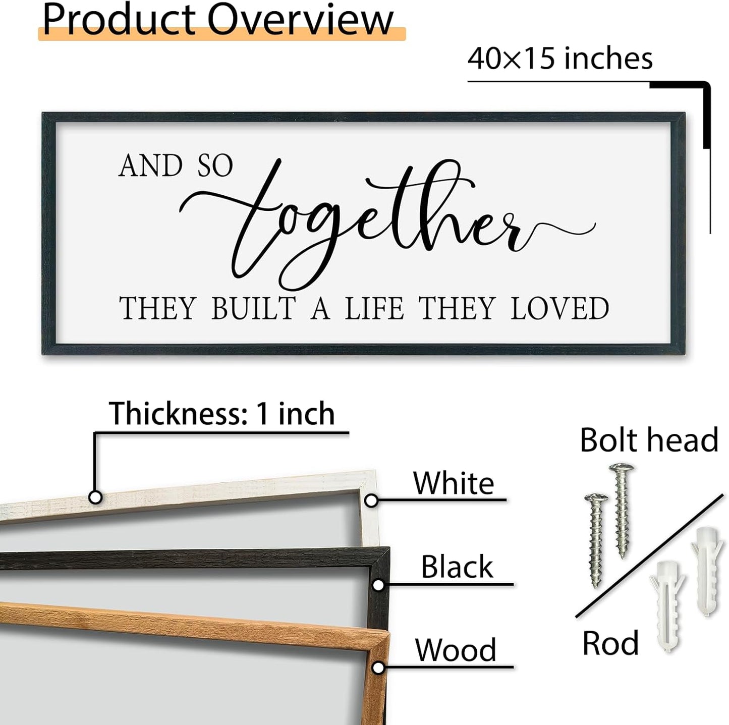 SRSZHIYUE And So Together They Built A Life They Loved Above Bed Sign Wall Decor Art 40"×15" for Master Bedroom Over Bed Large Wood Framed Wall Hanging (Black)