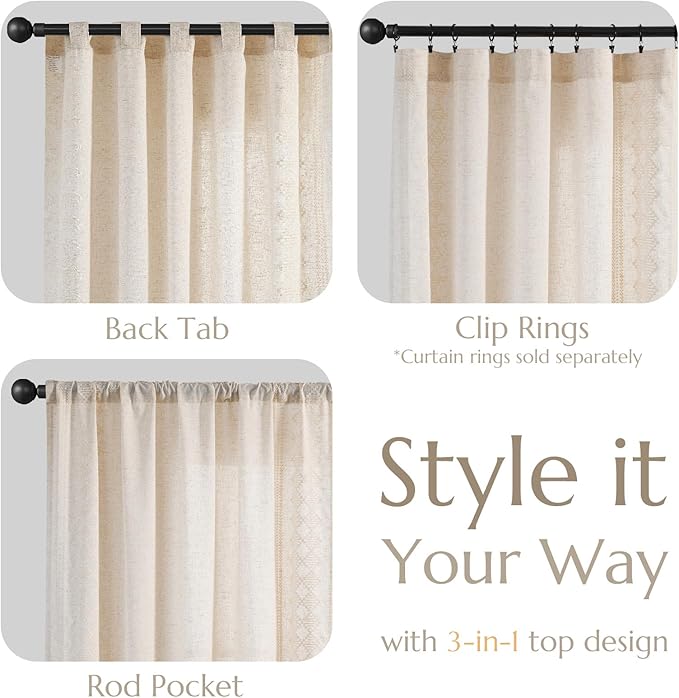 jinchan Boho Curtains Linen Blend Ivory Farmhouse Curtains 84 Inches Long for Living Room Square Embroidered Bordered Back Tab Living Room Window Light Filtering Bohemian Drapes 2 Panels