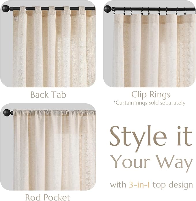 jinchan Boho Curtains Linen Blend Ivory Farmhouse Curtains 63 Inches Long for Living Room Square Embroidered Bordered Back Tab Living Room Window Light Filtering Bohemian Drapes 2 Panels