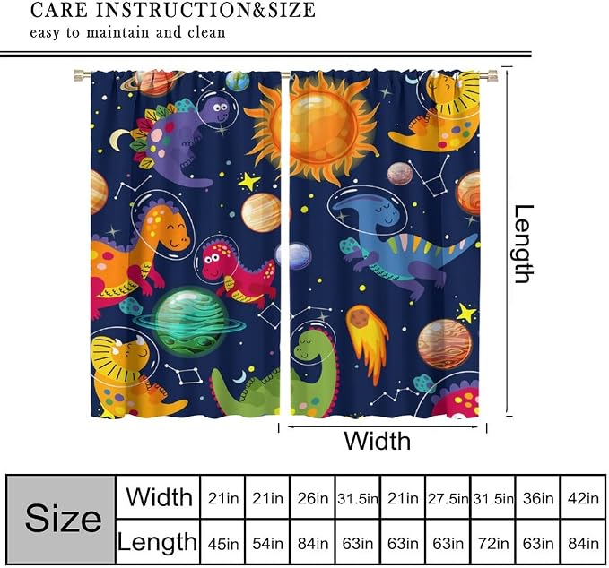 YCness Kids Dinosaur Curtains Cute Funny Cartoon Dino Outer Space Art Printed Blackout Window Drapes for Boys Girls Bedroom Children Nursery Decor Fabric Set 2 Panel 42x45 Inch 30% Shading Rate