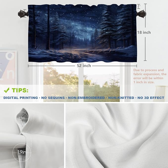 Shrahala Winter New Year Blackout Short Curtains for Windows, Stars Forests Snow Night Kitchen Valance Thermal Insulated Rod Pocket Window Treatment for Bathroom 2 Pack 52 X 18 in