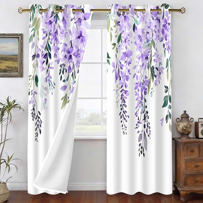 Purple Watercolor Floral Curtains, Botanical Leaves Vine Flowers Curtain, Rustic Farmhouse Flower Leaf Blackout Window Treatment Drapes for Bedroom Living Room 42x90 inch, 2 Panels